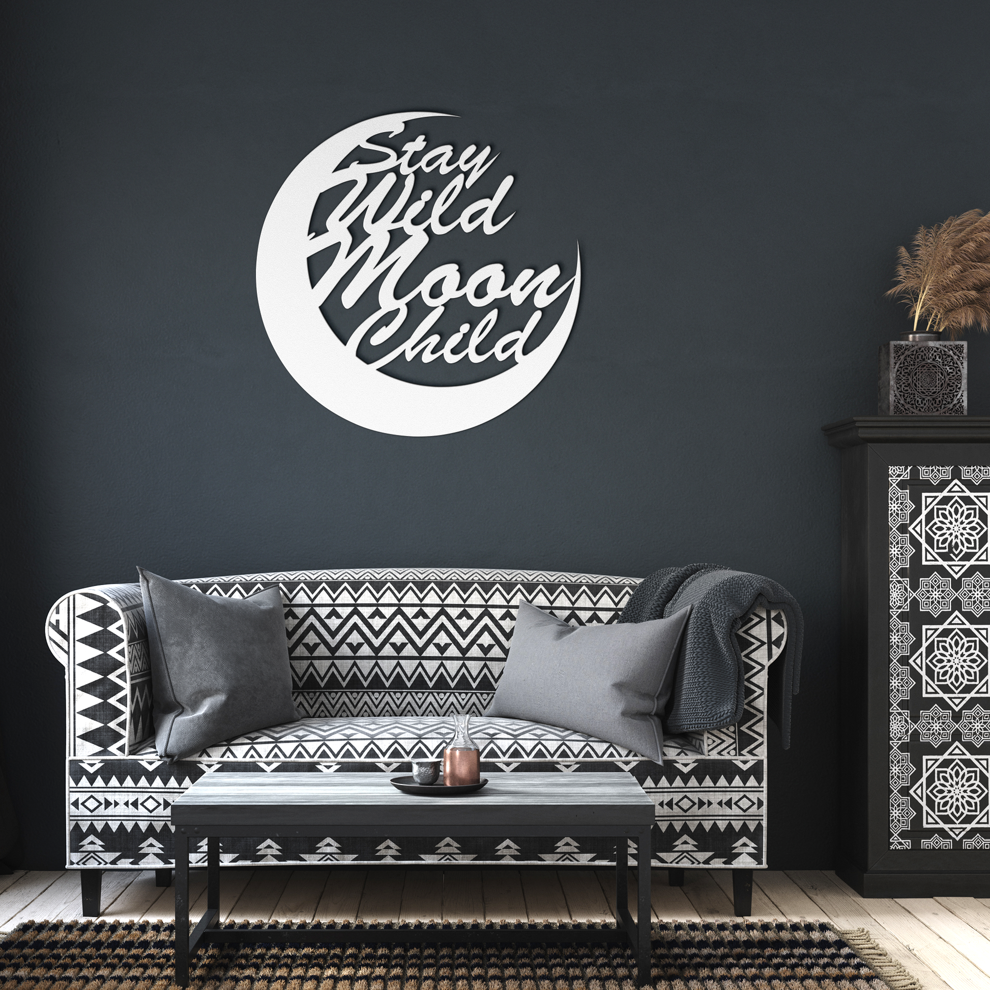 Stay_Wild_Moon_Child_Metal_Wall_Art_White_Dark_Living_Room_Mockup.png